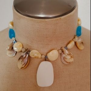 Mens Tribal Island Beach Shell Necklace White & Tourquoise Blue